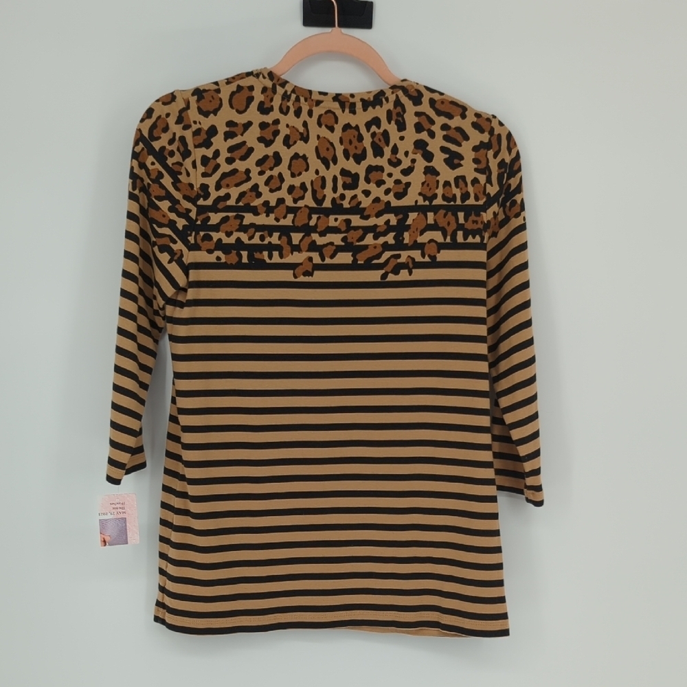 01548 Kim Rogers Striped Animal Print Top Brown Size Small coastalcore preppy - Picture 2 of 5
